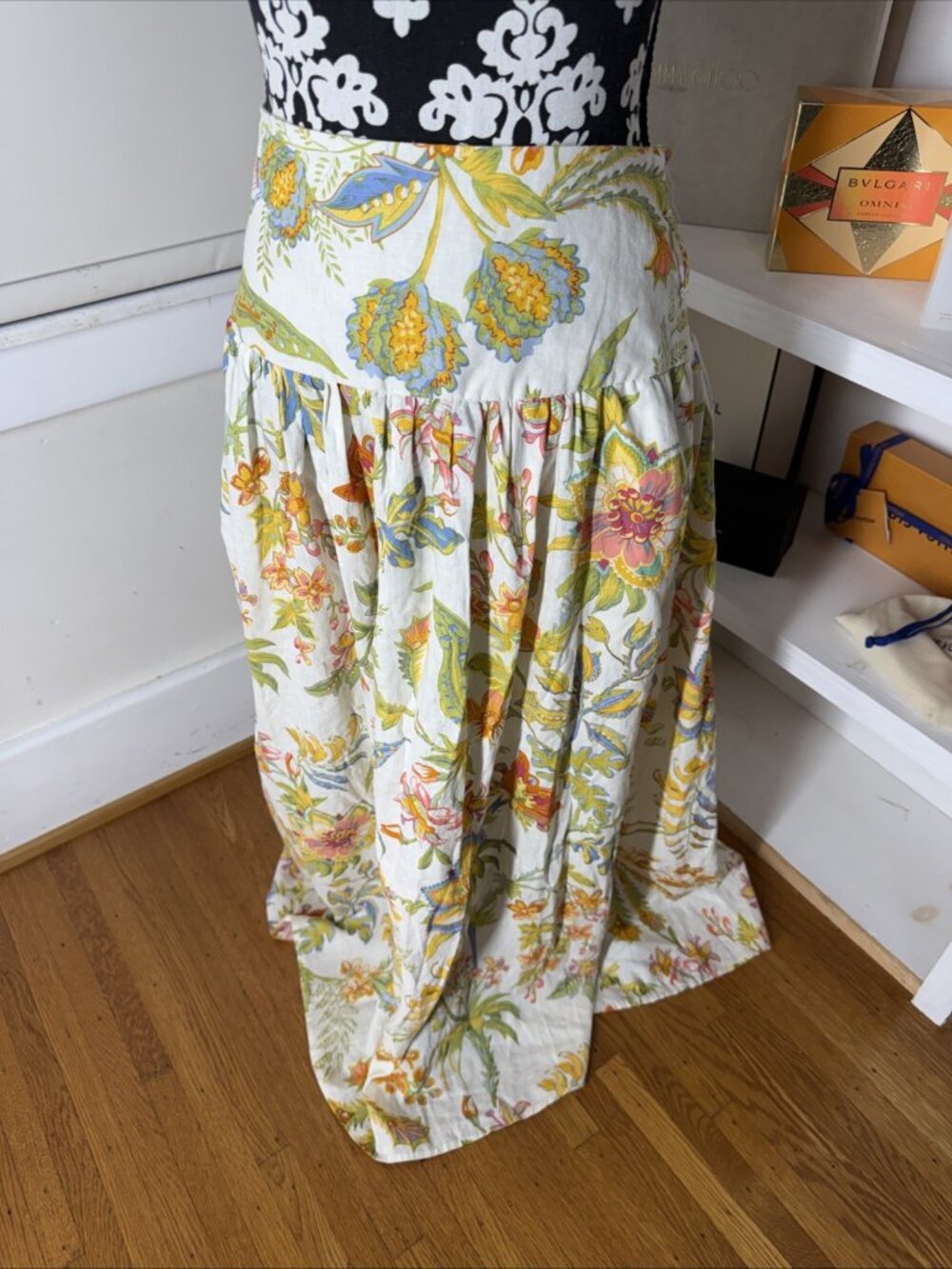 Rachel Zoe Women M Cream Maxi Colorful Floral Bohemian Linen Blend Skirt Stretch - Picture 2 of 10